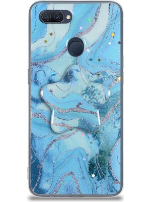 Case World Caseworld Oppo A12 Kapak Mermer Desenli Pop Socketli Silikon Kılıf - Mavi