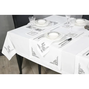Caka Home  Runner Geometrik Çift Kare Nakışlı Keten Efektli -Siyah