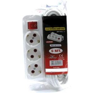 Ata Elektronik Yerli Üretim - 5mt 3 Çıkış Üçlü Beş 5 Metre 3 Port Topraklı Kablolu Grup Priz Gurup Piriz