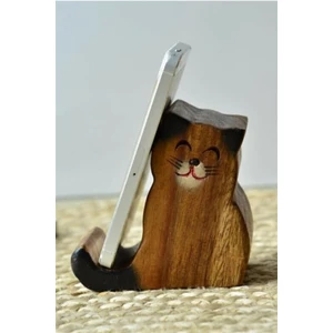 El Yapımı Ahşap Kedili Telefonluk / Telefon Tutucu / Telefon Standı (10 Cm)