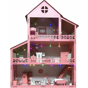 Belinay Çocuk Dünyası 100 cm 36 Mobilyalı Ledli Bebekli Bahçeli Montessori Çocuk Bebek Oyun Evi