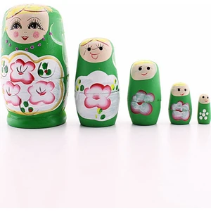 Hediye Filesi Ahşap Tombul Iç Içe Matruşka Bebek Yeşil Set 5li Büyük Boy