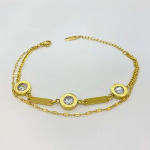 Çelik Ikili Zincir Zirkon Taşlı - Gold Bileklik