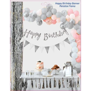 Doğumgünü Marketim Happy Birthday Kaligrafi Yazı ve Metalize Flama Set  Gümüş