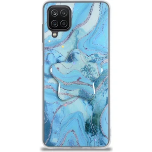 Case World Caseworld Samsung Galaxy M12 Kapak Mermer Desenli Pop Socketli Silikon Kılıf - Mavi