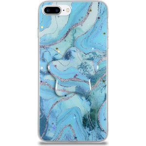 Case World Caseworld Apple Apple iPhone 8 Plus Kapak Mermer Desenli Pop Socketli Silikon Kılıf - Mavi