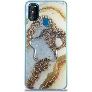 Case World Caseworld Samsung Galaxy M30S Kapak Mermer Desenli Pop Socketli Silikon Kılıf - Gold