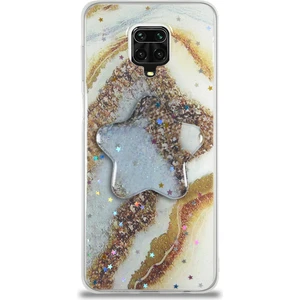 Case World Caseworld Xiaomi Redmi Note 9 Pro Kapak Mermer Desenli Pop Socketli Silikon Kılıf - Gold