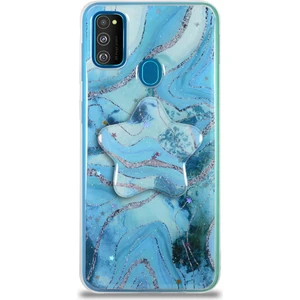 Case World Caseworld Samsung Galaxy M30S Kapak Mermer Desenli Pop Socketli Silikon Kılıf - Mavi