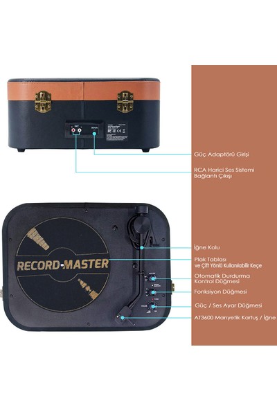 Record Master TT270 Pikap - Bluetooth Özellikli - AT3600 Manyetik Kartuş - 33. 45 Devir