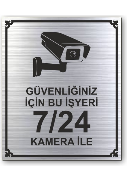 Kamera ile Izlenmektedir Kapı Yönlendirme Levhası 10 cm x 12 cm Gümüş Renkli Rezopal Levha