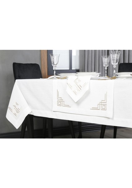 Caka Home Runner Geometrik Çift Kare Nakışlı Keten Efektli -Siyah