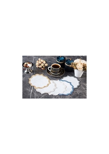 Caka Home 6'lı Kokteyl Peçetesi Nakışlı Oymalı Keten Efektli Lacivert Renkli