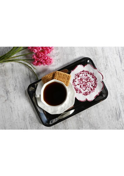 Caka Home 6'lı Kokteyl Peçete Ebruli Çiçekli Nakışlı Keten Efektli