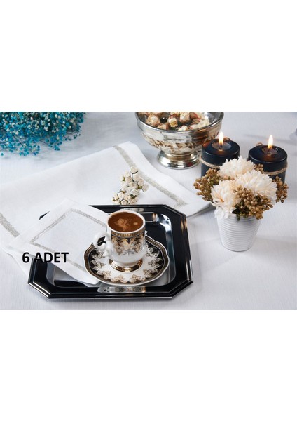 Caka Home 6'lı Kokteyl Peçetesi Zikzak Nakışlı Keten Efektli Siyah Renkli