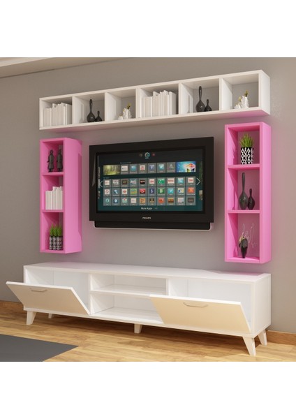 Tv Ünitesi Dolaplı Pembe Beyaz Kitaplıklı 180 cm