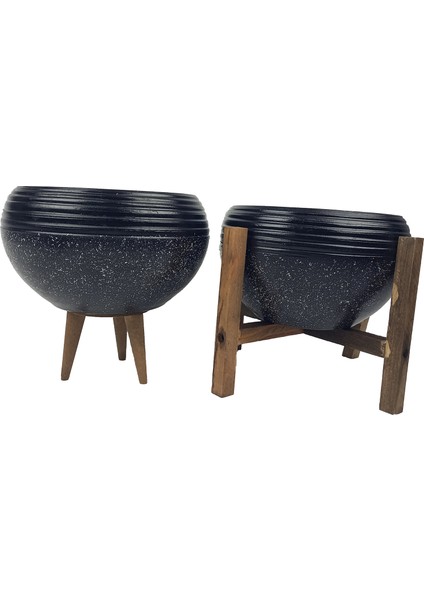 Ev Dekorasyon Siyah Granit Küp Aranjman Saksı Saksılık Salon Çiçeklik İkili Set (3 Ayak-4 Ayak)