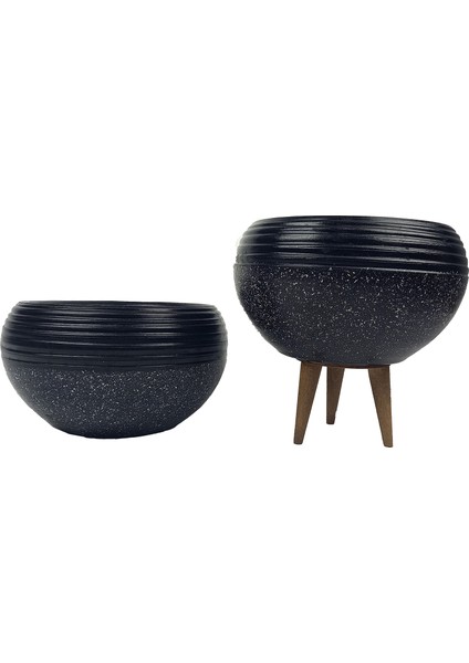 Ev Dekorasyon Siyah Granit Küp Aranjman Saksı Saksılık Salon Çiçeklik İkili Set (Ayaksız-3 Ayaklı)