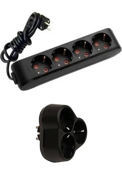 Siyah Set Multi-Let 4'lü Topraklı Çocuk Korumalı Grup Priz 5 Metre + 3'lü Yonca Fiş-Priz