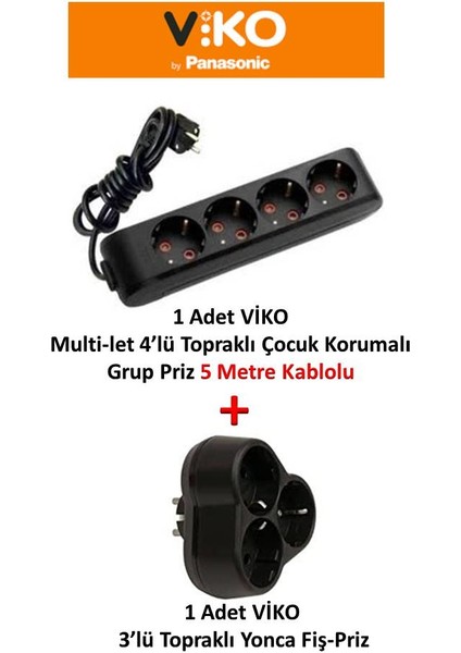 Siyah Set Multi-Let 4'lü Topraklı Çocuk Korumalı Grup Priz 5 Metre + 3'lü Yonca Fiş-Priz