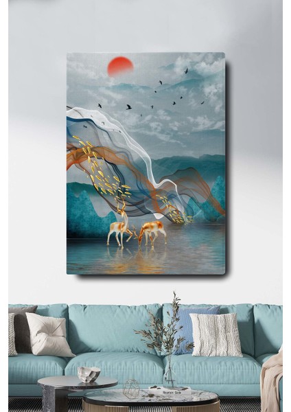 Dekoratif Soyut Altın Geyik Uçan Balık ve Kuşlar Sürreal Kanvas Duvar Tablosu 50X70 cm
