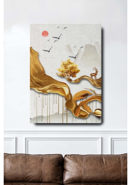 Dekoratif Soyut Altın Geyik ve Ağaç Sürreal Kanvas Duvar Tablosu