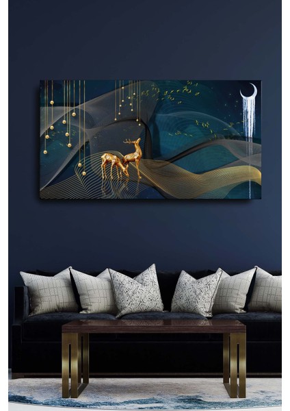 Dekoratif Soyut Altın Geyik ve Kuşlar Sürreal Kanvas Duvar Tablosu 120X60CM Büyük Boy Tablo