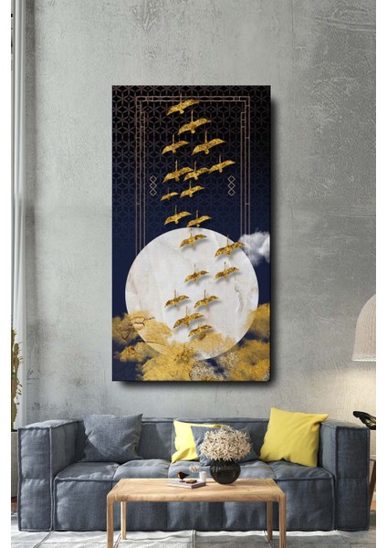 Dekoratif Soyut Altın Kuşlar Sürreal Kanvas Duvar Tablosu 120X60CM Büyük Boy Tablo