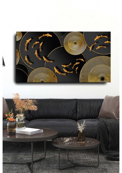 Dekoratif Soyut Altın Balıklar Sürreal Kanvas Duvar Tablosu 120X60CM Büyük Boy Tablo