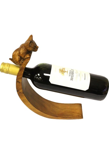 Kedili Ahşap Şaraplık / Şişe Standı (34 Cm)