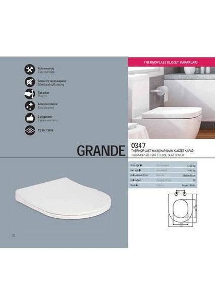 Grandethermoplast Yavaş Kapanan Tak-Çıkar Klozet Kapağı