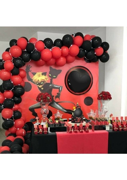 100 Adet Kırmızı-Siyah Karakedi Balon Konsepti ve 5 mt Balon Zinciri