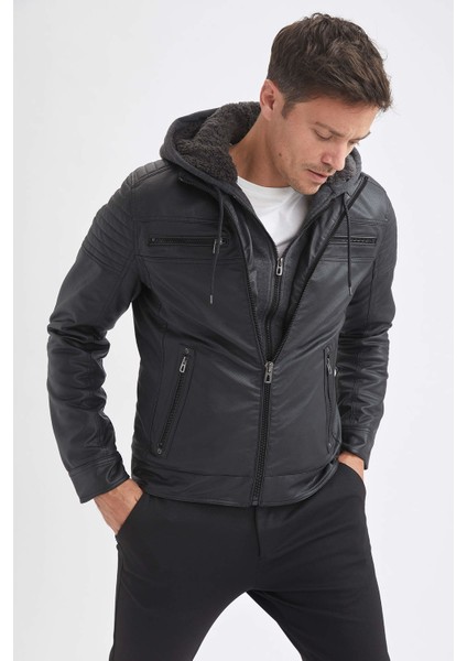 Slim Fit Kapüşonlu İçi Yumuşak Tüylü Suni Deri Mont N9693AZ21WN