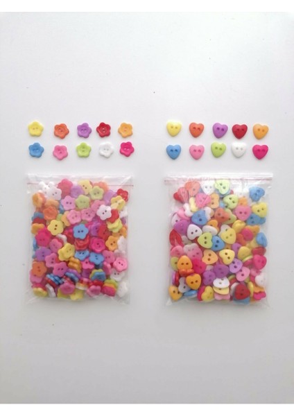 Amigurumi 100 Adet Kalp ve 100 Adet Çiçek Düğme (10 Renk)