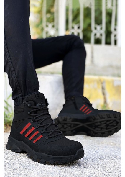 Siyah Kırmızı Çizgili Kauçuk Unisex Trekking Bot