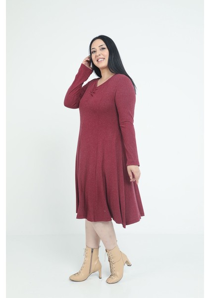 Büyük Beden V Yaka Yün Viskon Midi Bordo Kloş Elbise fiyatları