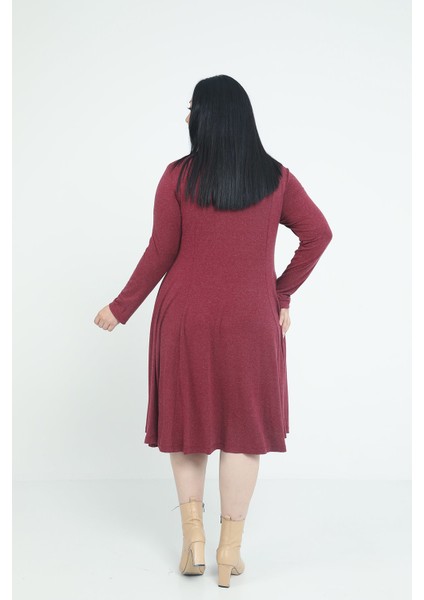 Büyük Beden V Yaka Yün Viskon Midi Bordo Kloş Elbise modelleri
