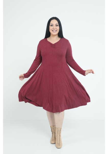 Büyük Beden V Yaka Yün Viskon Midi Bordo Kloş Elbise fırsatları
