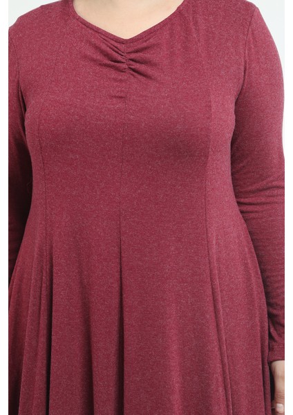 Büyük Beden V Yaka Yün Viskon Midi Bordo Kloş Elbise indirimleri