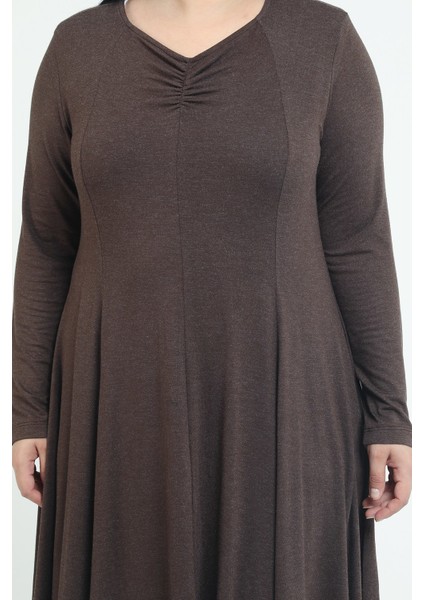 Büyük Beden V Yaka Yün Viskon Midi Kahverengi Kloş Elbise fırsatları