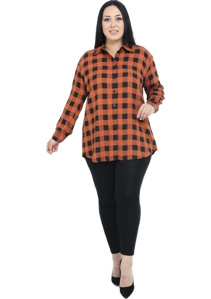 Büyük Beden Katlamalı Kollu Kareli Tarçın Rengi Kadın Gömlek