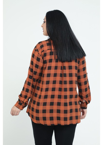 Büyük Beden Katlamalı Kollu Kareli Tarçın Rengi Kadın Gömlek modelleri
