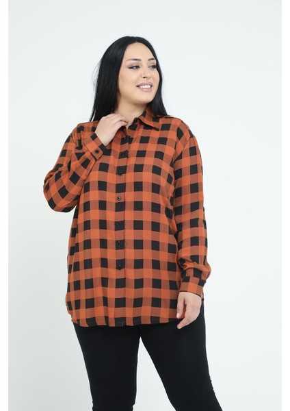 Büyük Beden Katlamalı Kollu Kareli Tarçın Rengi Kadın Gömlek fırsatları