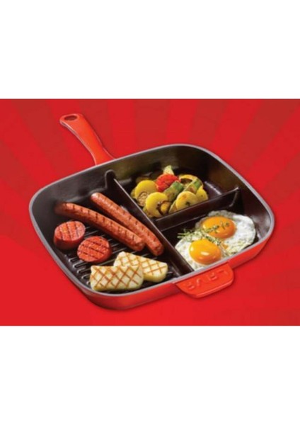 Kırmızı Grill Bölmeli Izgara Dikdörtgen Döküm Tava