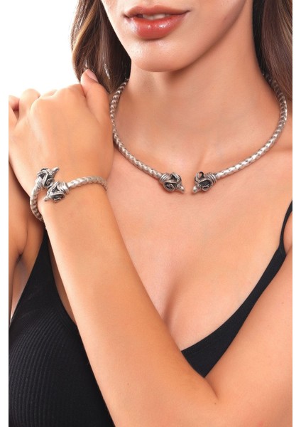 Kadın Antik Gümüş Kaplama Koçbaşı Uçlu Choker & Bileklik Set fiyatları