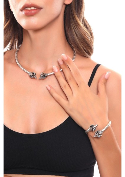 Kadın Antik Gümüş Kaplama Koçbaşı Uçlu Choker & Bileklik Set modelleri