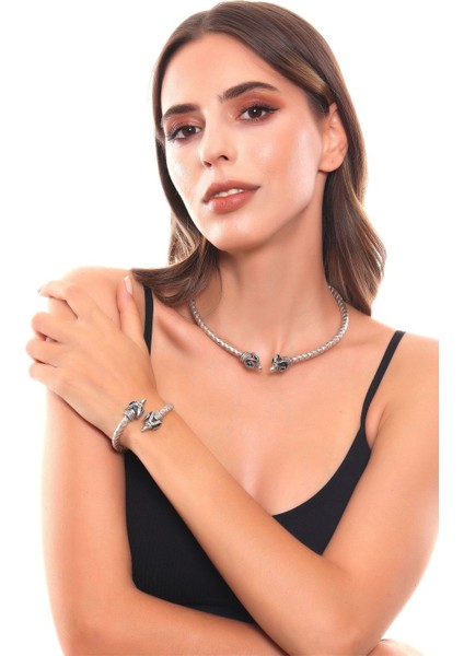 Kadın Antik Gümüş Kaplama Koçbaşı Uçlu Choker & Bileklik Set fırsatları