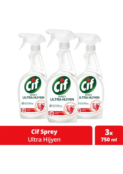 Sprey Temizleyici Her Yerde Ultra Hijyen Çamaşır Suyu Katkılı 750 ml X3