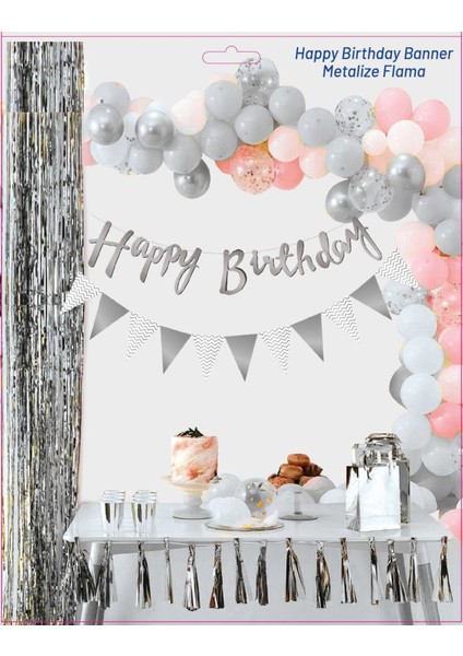 Happy Birthday Kaligrafi Yazı ve Metalize Flama Set Gümüş
