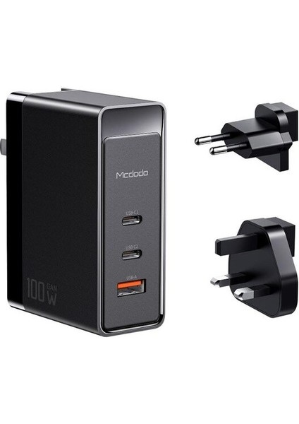 CH-8101 100W Gan Serisi 3 Port Başlıklı 1xUsb 2xType-C Girişli Universal Şarj Adaptörü-Siyah